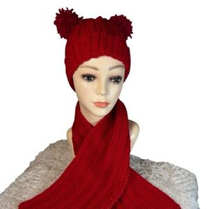 Handmade Bright Red (some gold touches) Crochet Hat & Scarf Set Cozy & Stylish
